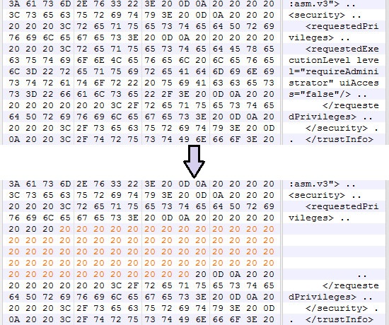 requestedPrivileges manifest hex edit